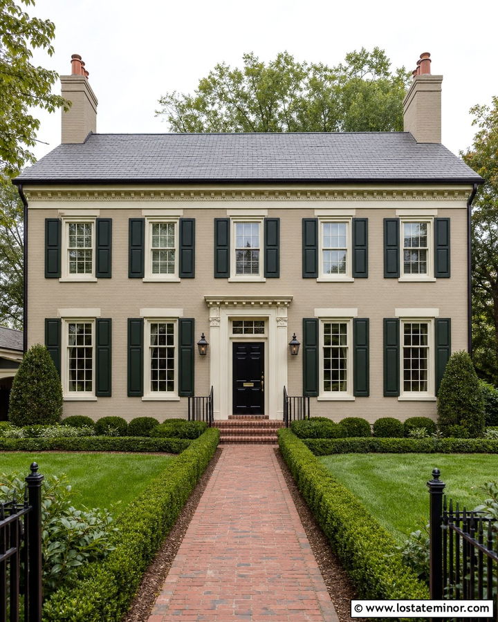 Beige Georgian House With Paneled Shutters - 30 Beige House Design With Shutters Ideas