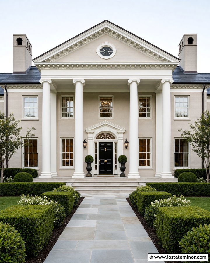 Beige Georgian House With Tall Column Portico - 30 Beige House Design With Portico Ideas