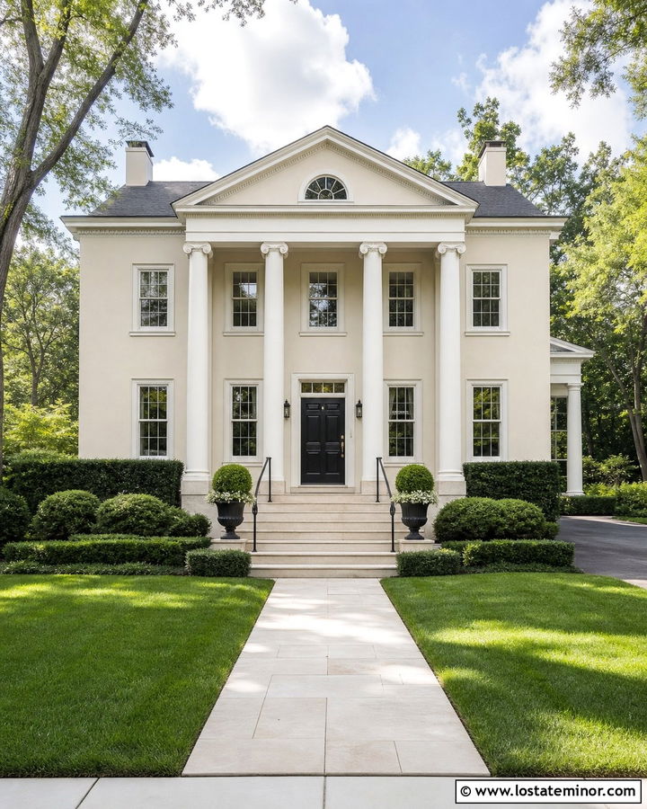 Beige Greek Revival House With Limestone Steps - 30 Beige House Design With Steps Ideas