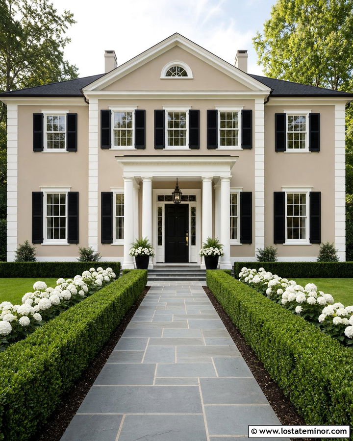 Beige House Walkway With Boxwood Border - 30 Beige House Design With Walkway Ideas
