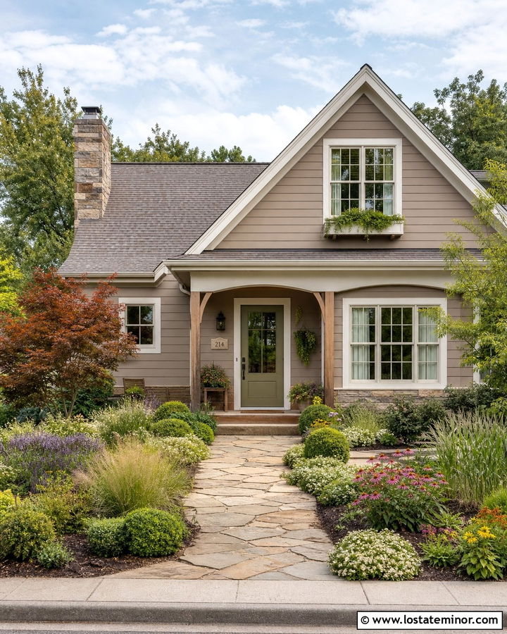 Beige House Walkway With Garden Beds - 30 Beige House Design With Walkway Ideas