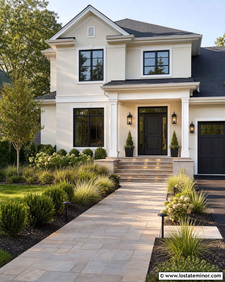 Beige House Walkway With Path Lighting - 30 Beige House Design With Walkway Ideas