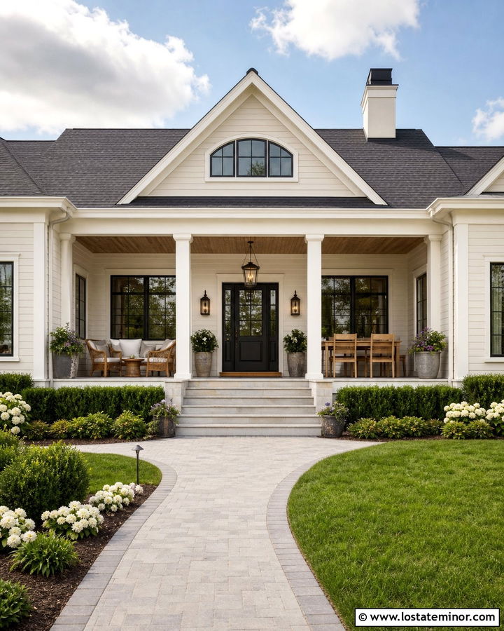 Beige House With A Large Porch Pendant - 30 Beige House Design With Light Fixtures Ideas
