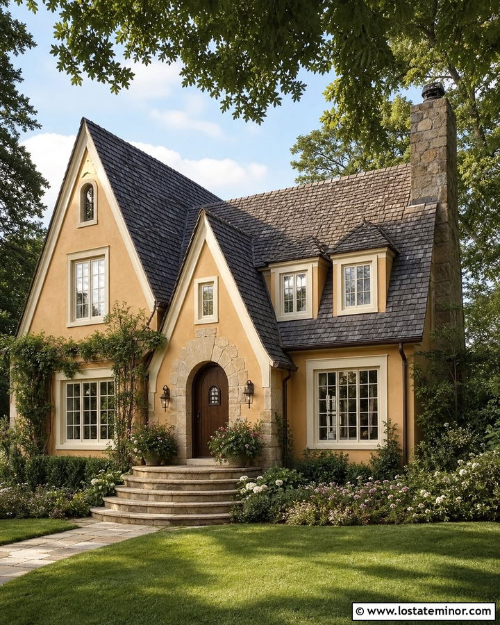Beige House With Arched Wood Front Door - 30 Beige House Design With Entry Door Ideas