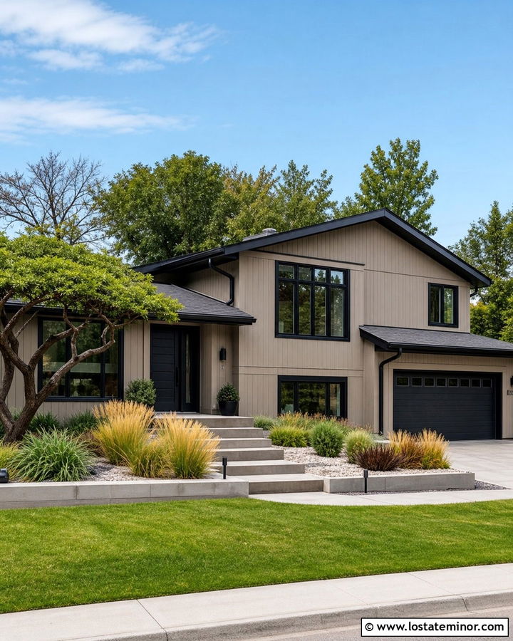 Beige House With Black Accents And Ornamental Grass - 30 Beige House Design With Landscaping Ideas