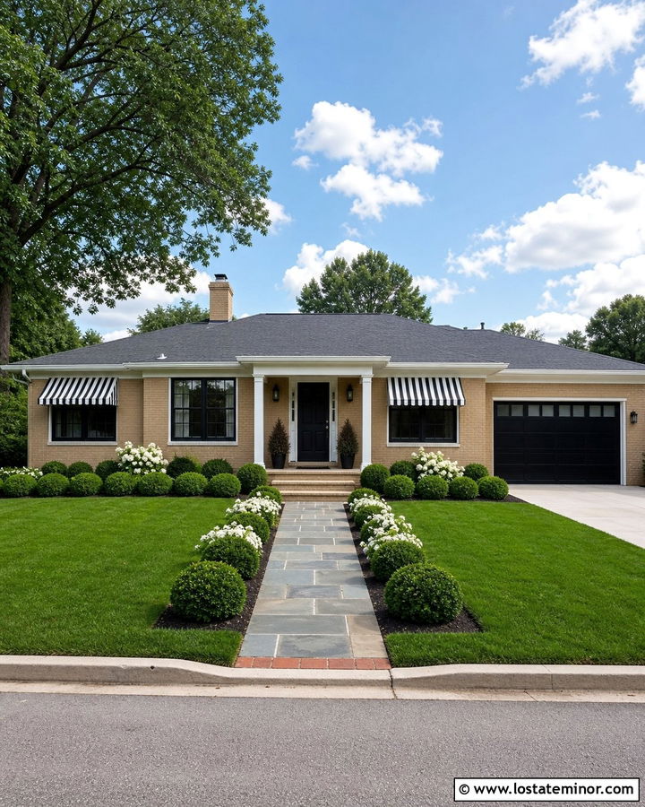 Beige House With Black And White Striped Awnings - 30 Beige House Design With Awning Ideas