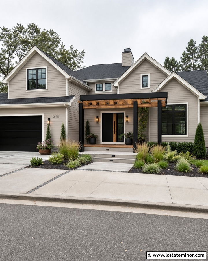 Beige House With Black And Wood Pergola - 30 Beige House Design With Pergola Ideas
