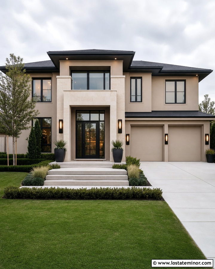 Beige House With Black Double Doors - 30 Beige House Design With Entry Door Ideas