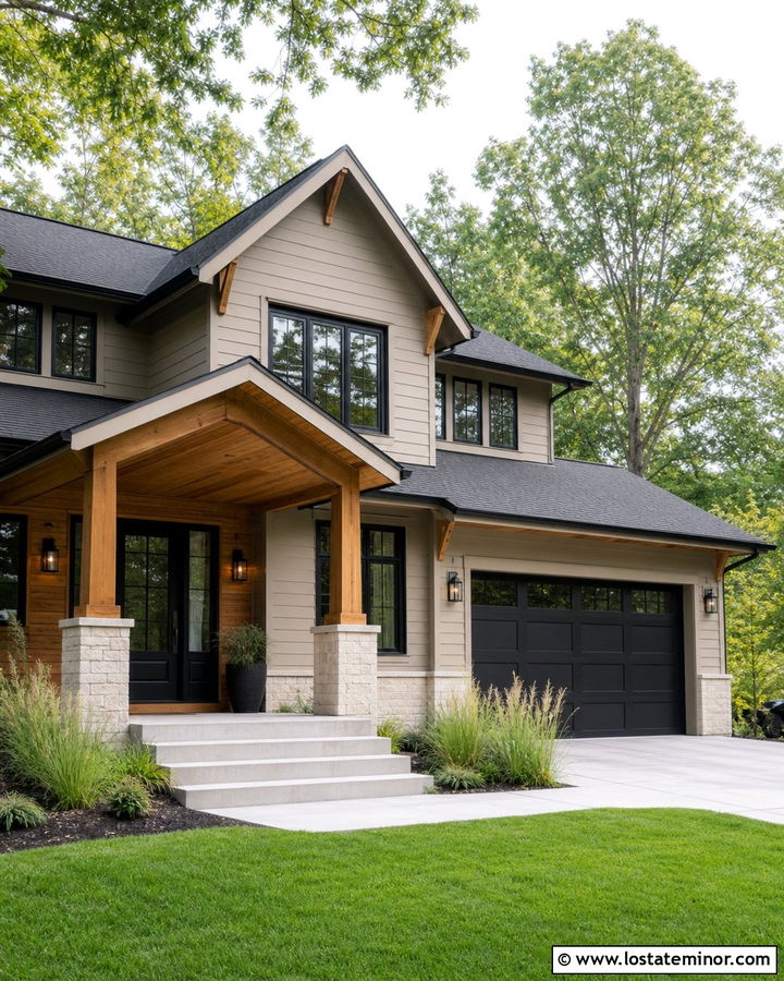 Beige House With Black Frames And Cedar - 30 Beige House Design With Window Frames Ideas