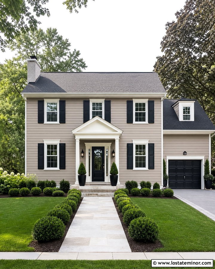 Beige House With Black Front Door Portico - 30 Beige House Design With Portico Ideas