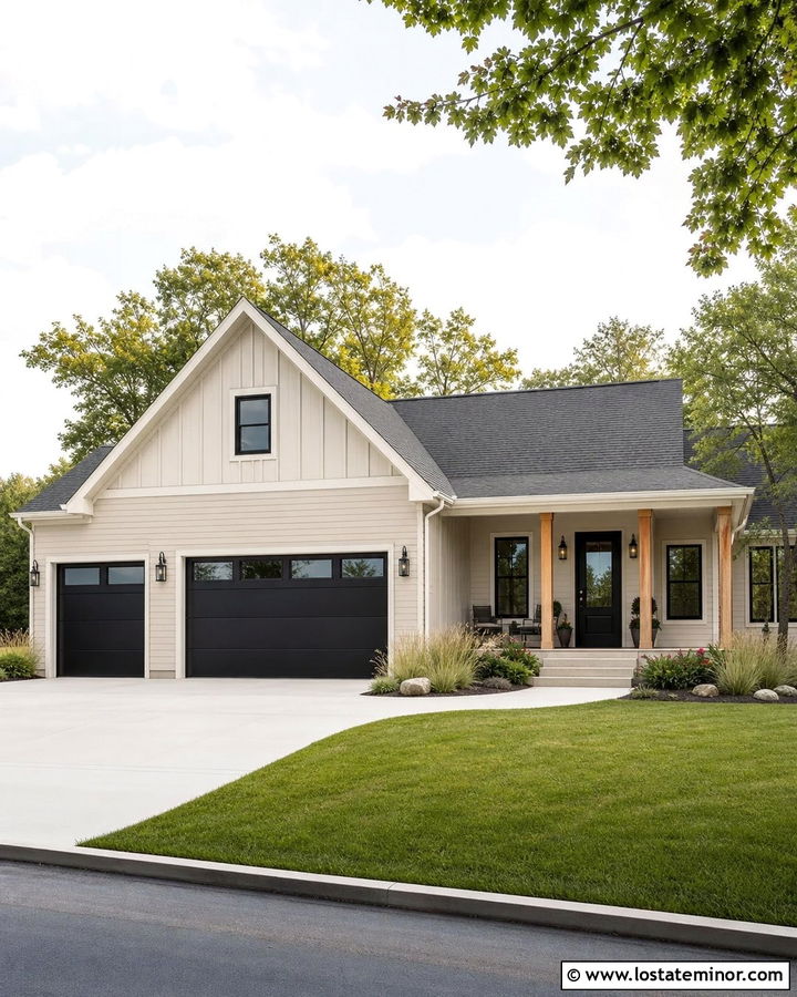 Beige House With Black Garage Doors - 30 Beige House Design With Accents Ideas