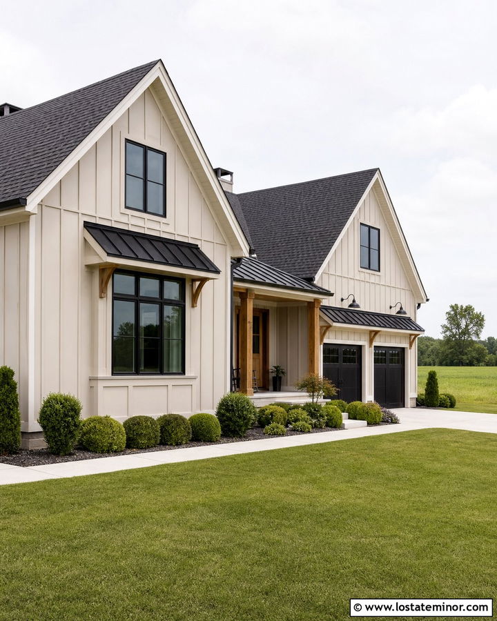 Beige House With Black Metal Awnings - 30 Beige House Design With Awning Ideas