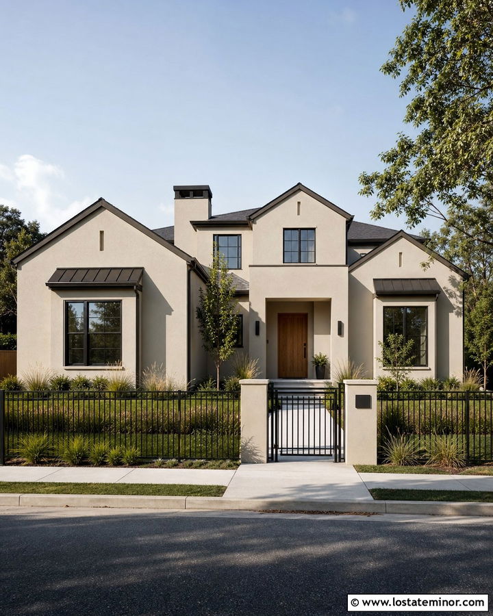 Beige House With Black Metal Fence - 30 Beige House Design With Fence Ideas