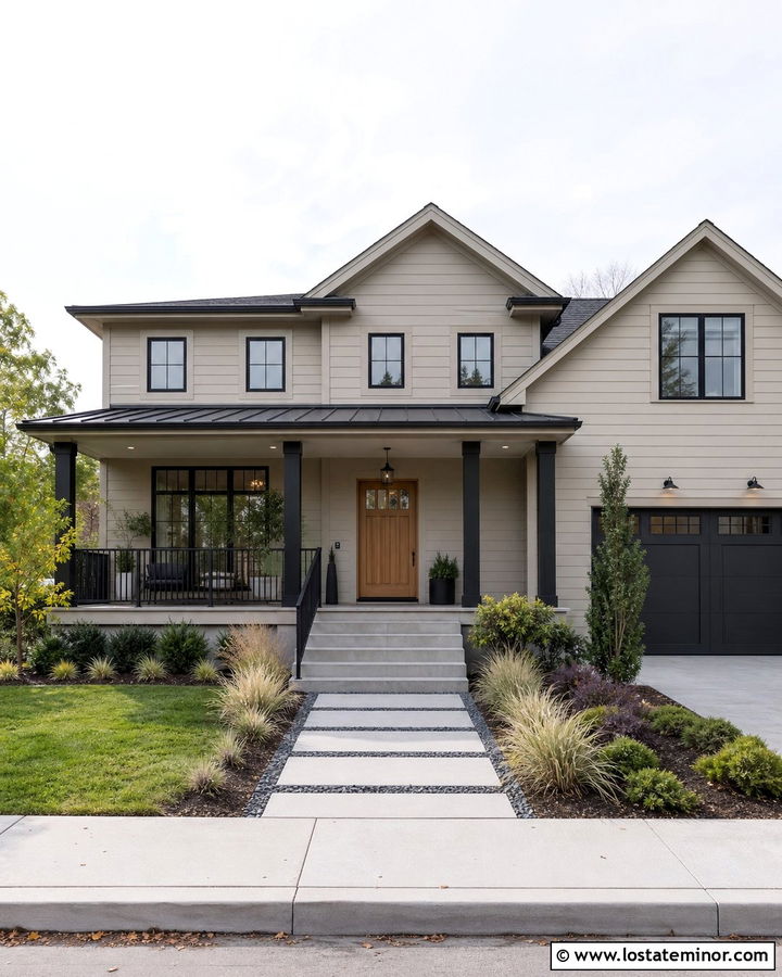 Beige House With Black Porch Columns - 30 Beige House Design With Porch Columns Ideas
