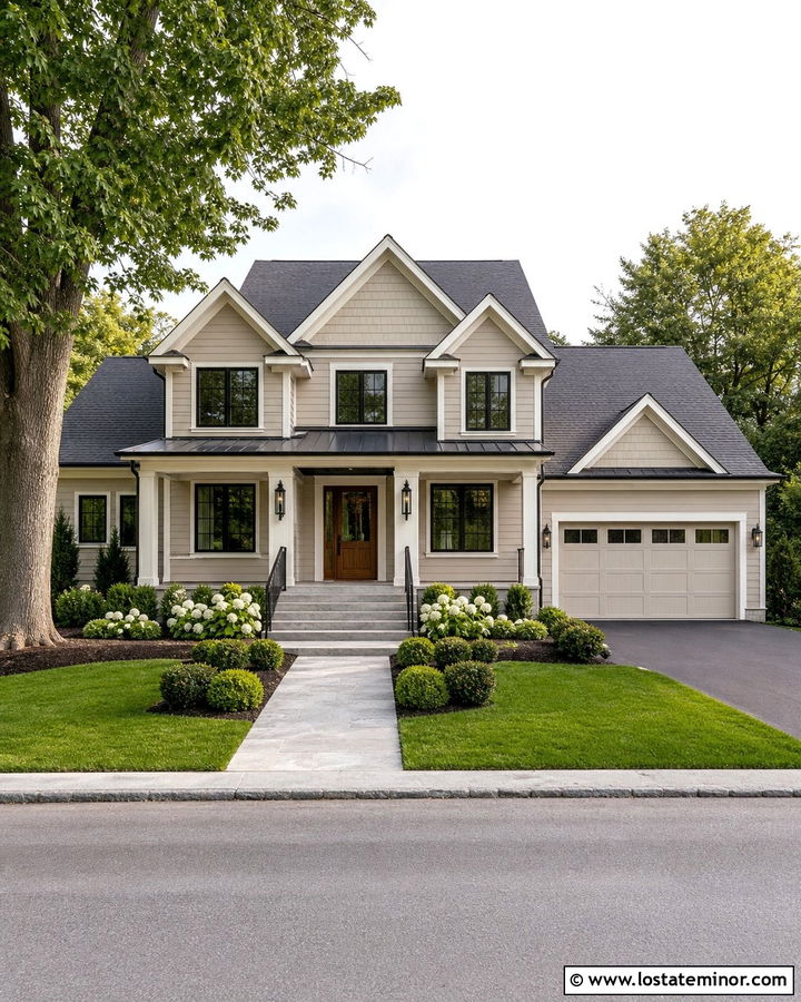 Beige House With Black Railings And Stone Steps - 30 Beige House Design With Steps Ideas