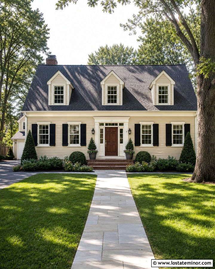 Beige House With Black Shutters And Dormers - 30 Beige House Design With Dormers Ideas