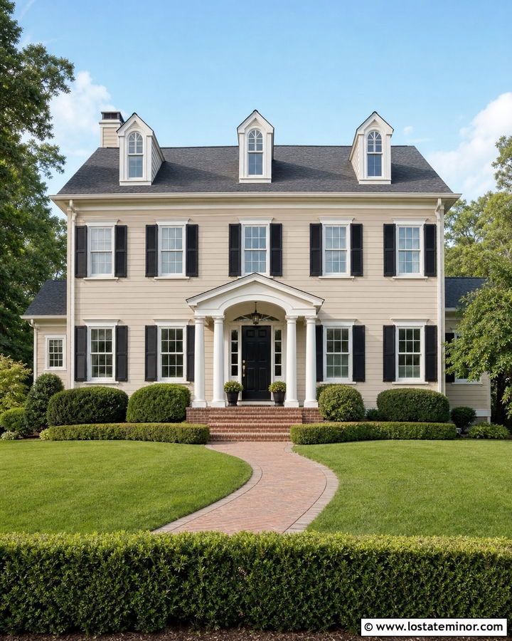 Beige House With Black Shutters And White Trim - 30 Beige House Design With Shutters Ideas