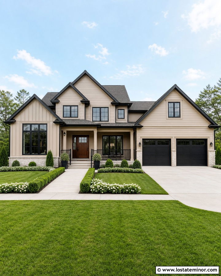 Beige House With Black Trim And Formal Lawn - 30 Beige House Design With Front Yard Ideas