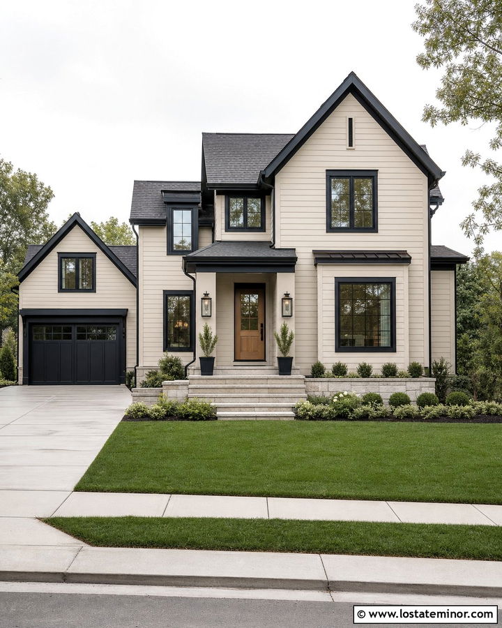 Beige House With Black Trim And Oversized Lanterns - 30 Beige House Design With Light Fixtures Ideas