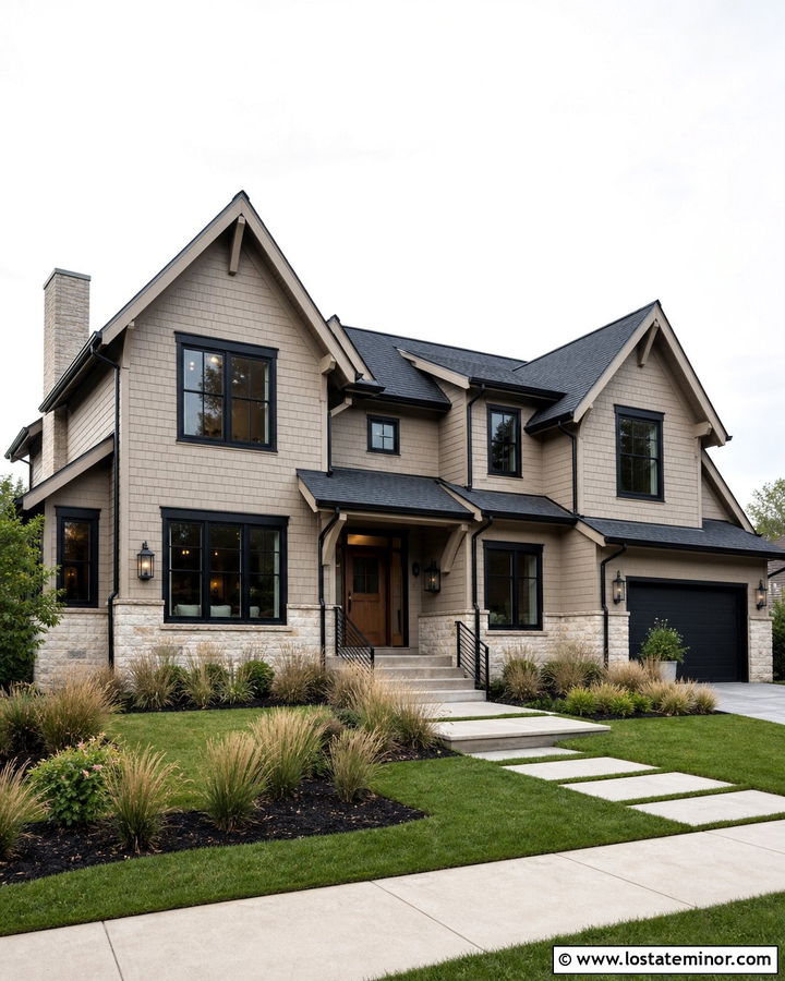 Beige House With Black Trim And Shingles - 30 Beige House Design With Shingles Ideas