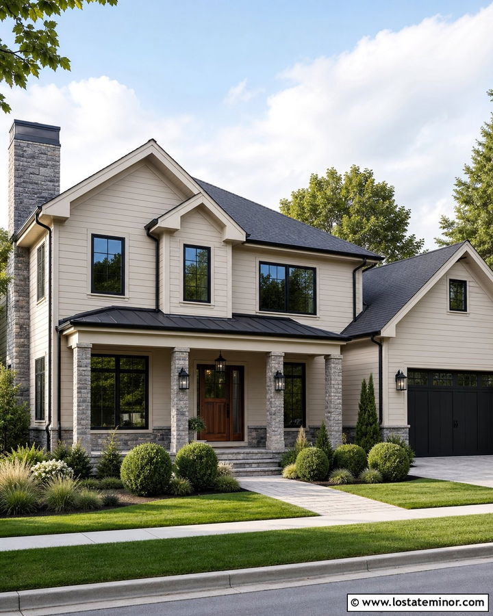 Beige House With Black Windows And Stone Chimney - 30 Beige House Design With Chimney Ideas