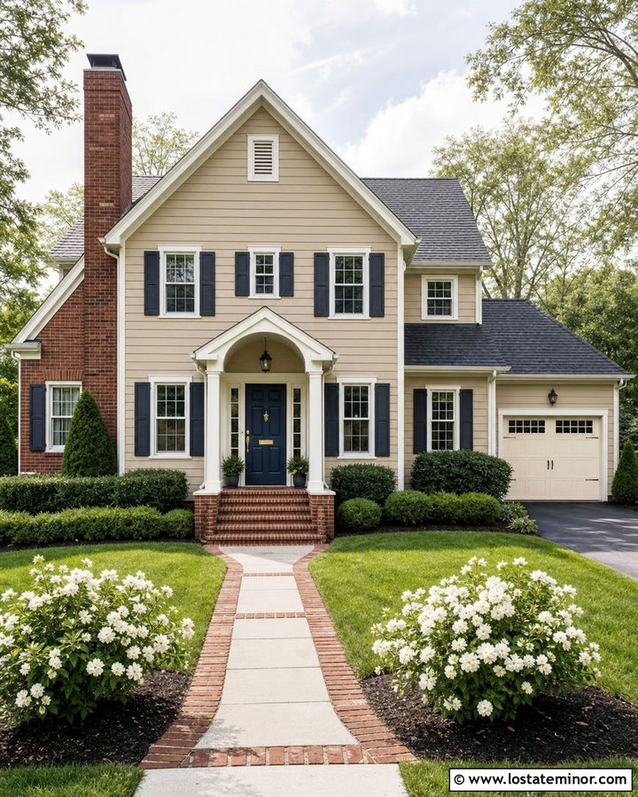 Beige House With Blue Door And Brick Chimney - 30 Beige House Design With Chimney Ideas