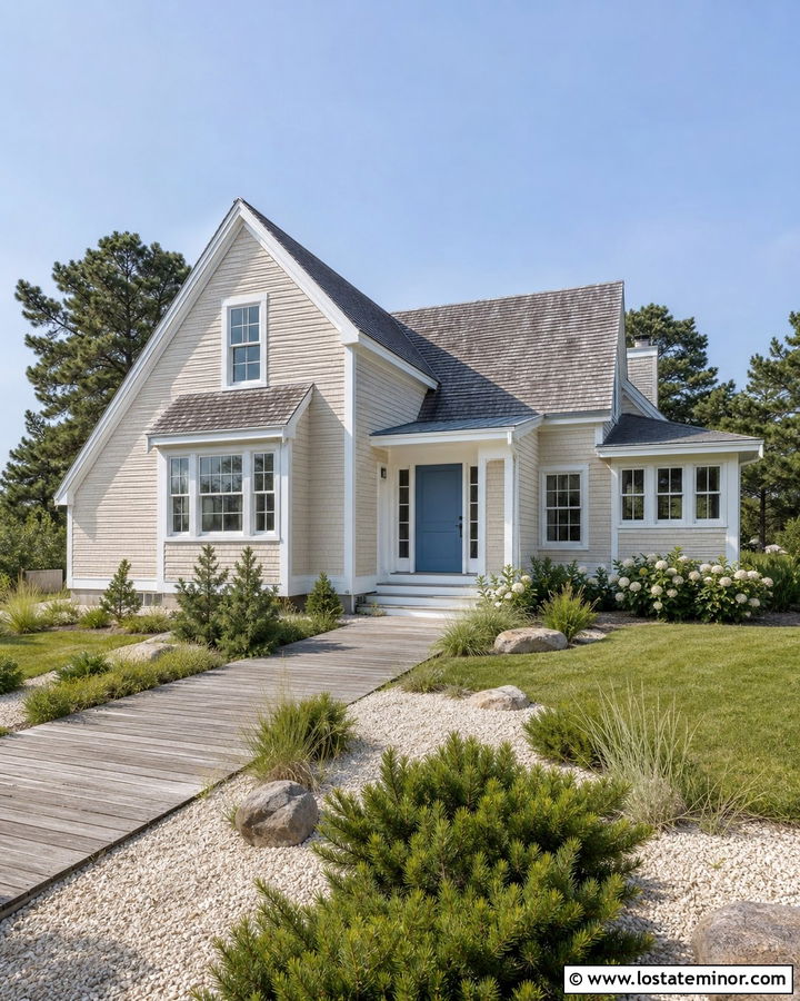Beige House With Blue Door And Coastal Yard - 30 Beige House Design With Front Yard Ideas