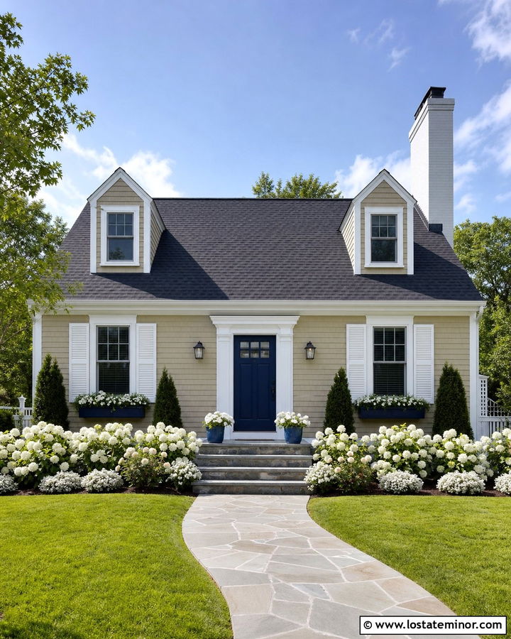 Beige House With Blue Door And White Flowers - 30 Beige House Design With Landscaping Ideas