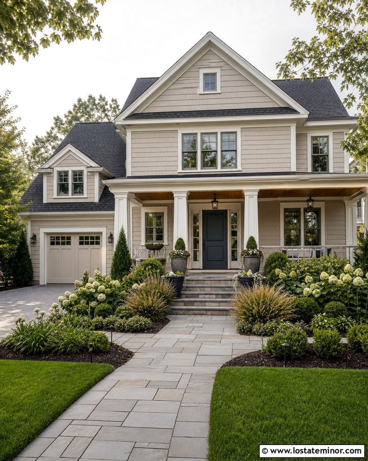 Beige House With Blue Door Front Porch - 30 Beige House Design With Front Porch Ideas