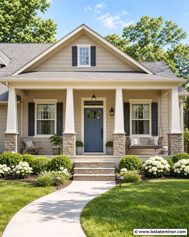 Beige House With Blue Front Door - 30 Beige House Design With Accents Ideas