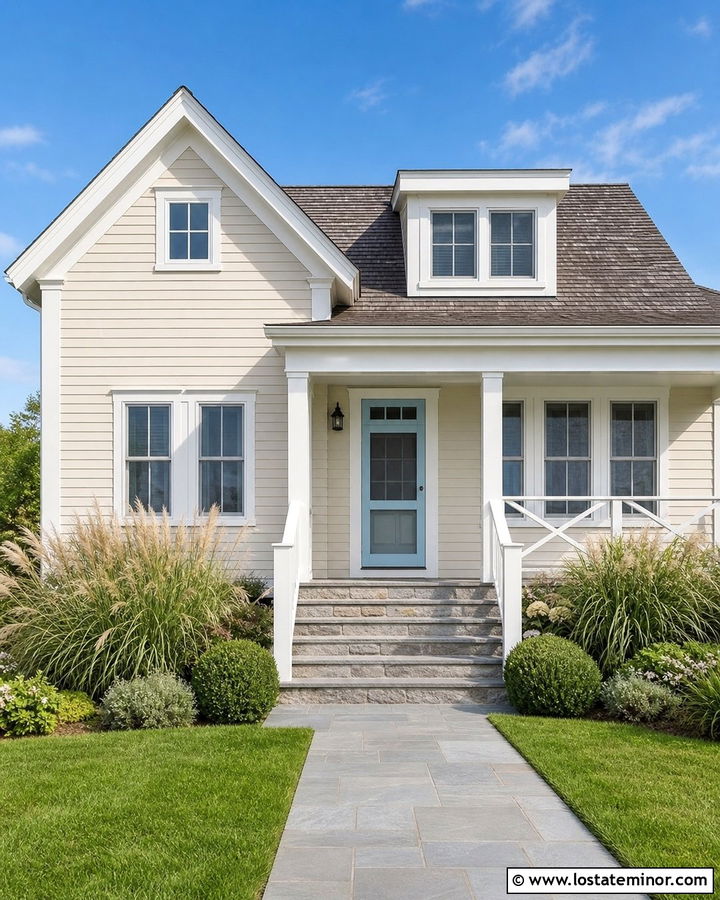 Beige House With Blue Full View Storm Door - 30 Beige House Design With Storm Door Ideas