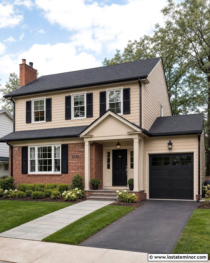 Beige House With Brick Accents And Black Lanterns - 30 Beige House Design With Light Fixtures Ideas