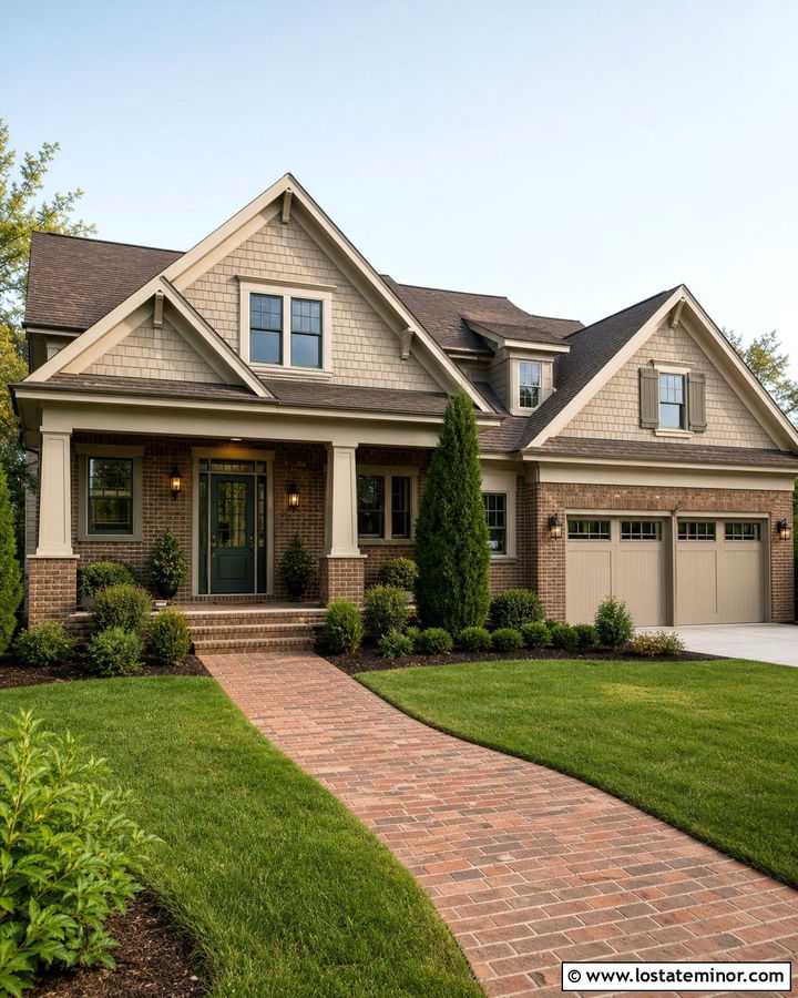 Beige House With Brick And Shingle Siding - 30 Beige House Design With Shingles Ideas