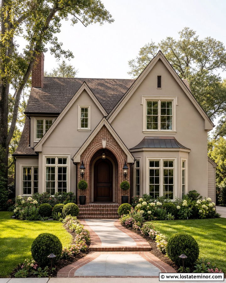 Beige House With Brick Arched Entry - 30 Beige House Design With Brick Accents Ideas