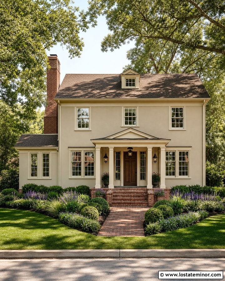 Beige House With Brick Chimney And Porch - 30 Beige House Design With Brick Accents Ideas
