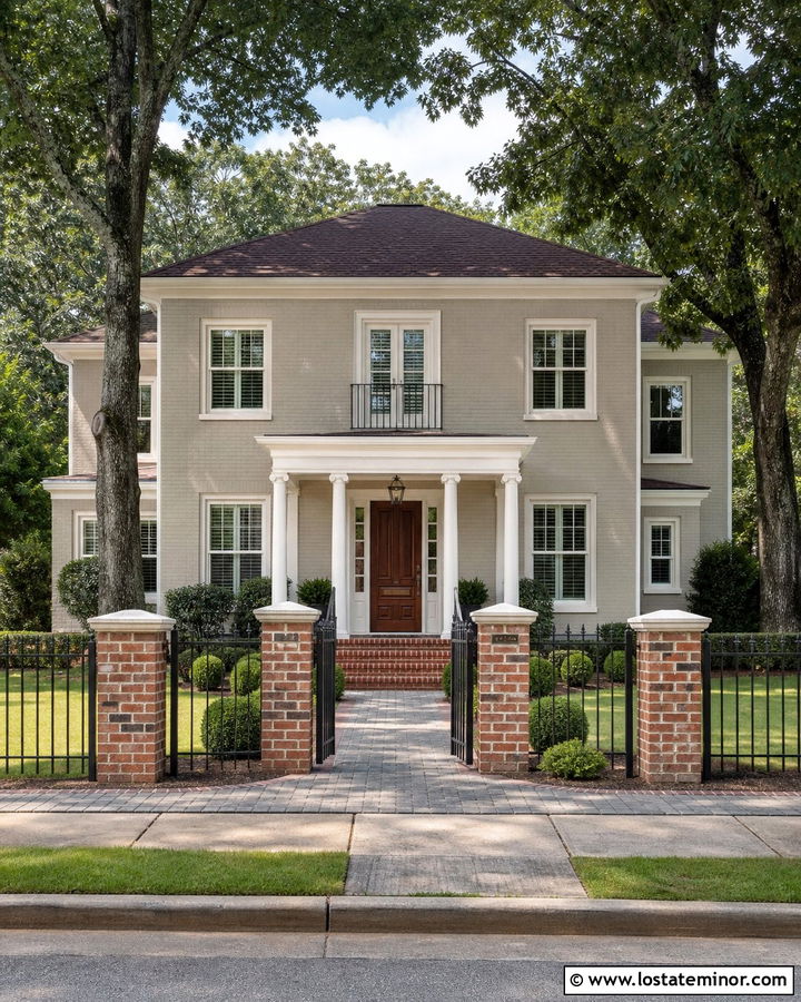 Beige House With Brick Column Fence - 30 Beige House Design With Fence Ideas