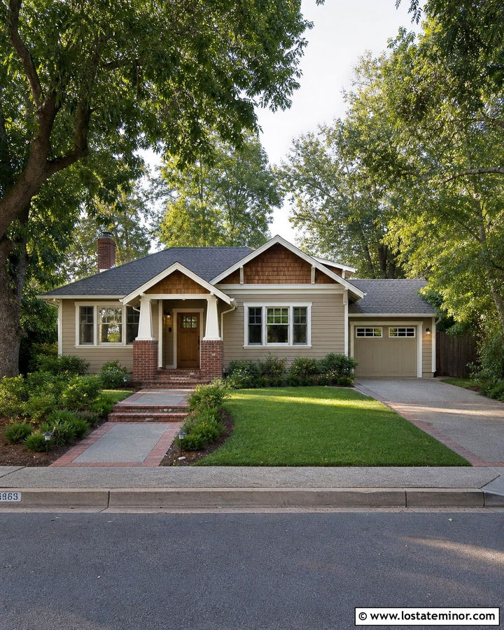 Beige House With Brick Column Portico - 30 Beige House Design With Portico Ideas