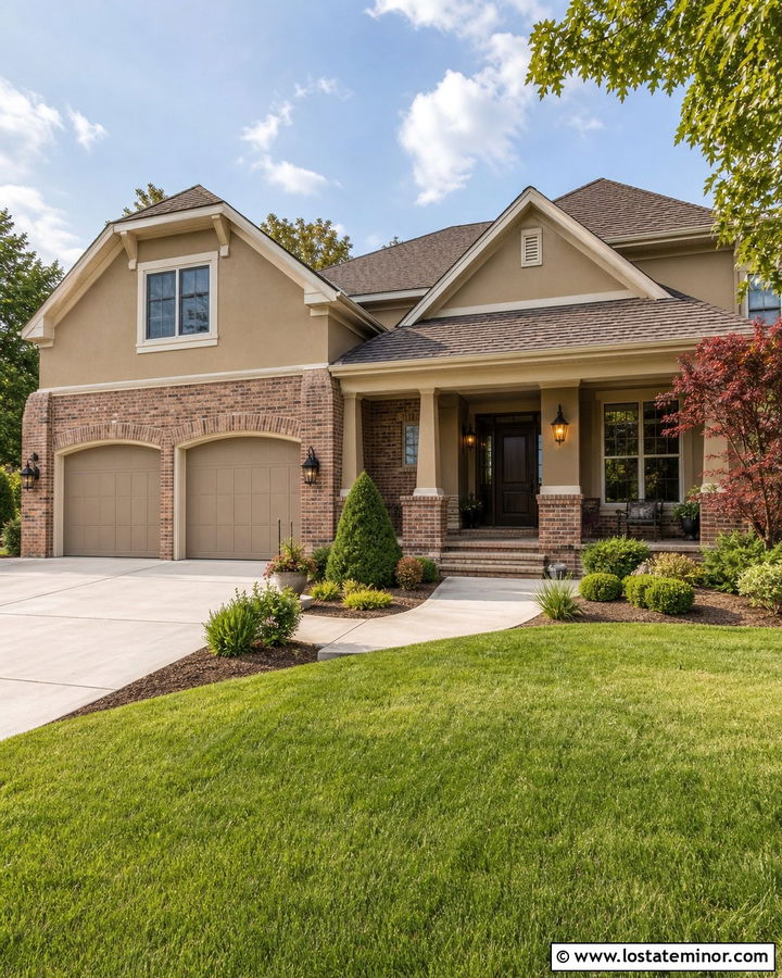 Beige House With Brick Garage Accents - 30 Beige House Design With Brick Accents Ideas