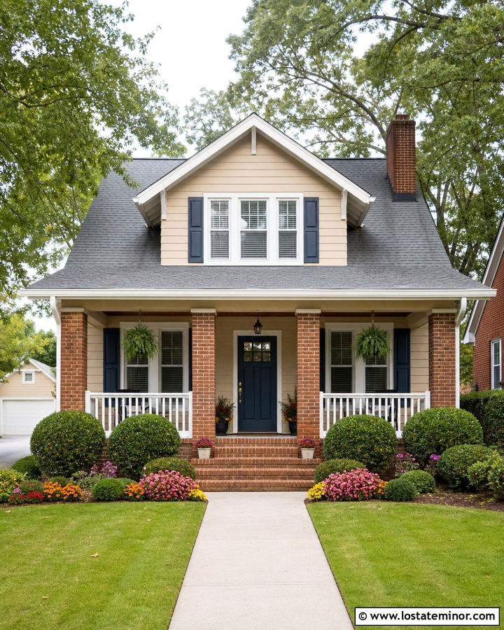 Beige House With Brick Porch Columns - 30 Beige House Design With Porch Columns Ideas