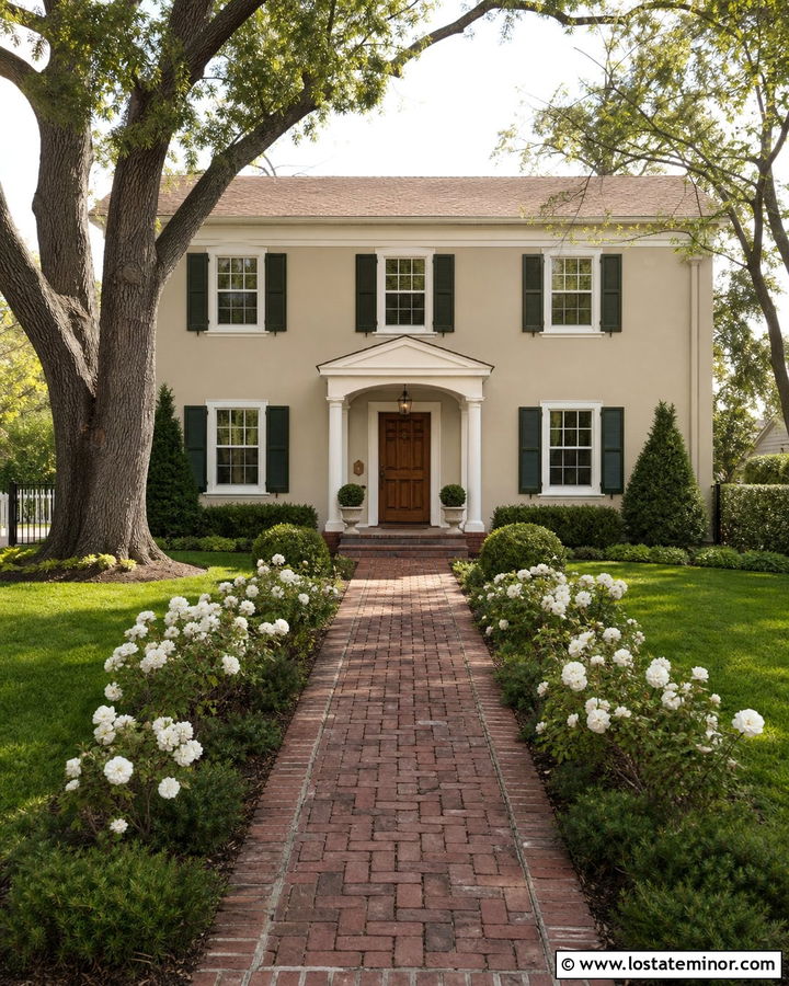 Beige House With Brick Walkway And Roses - 30 Beige House Design With Landscaping Ideas