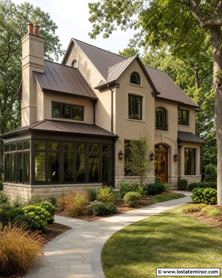 Beige House With Bronze Frame Sunroom - 30 Beige House Design With Sunroom Ideas