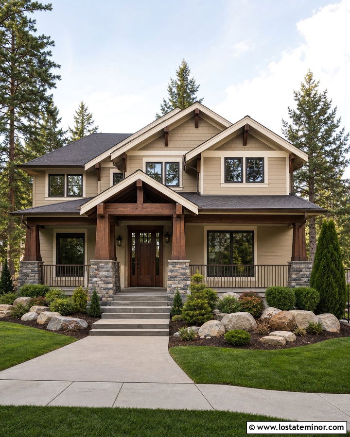 Beige House With Bronze Frames And Stone - 30 Beige House Design With Window Frames Ideas