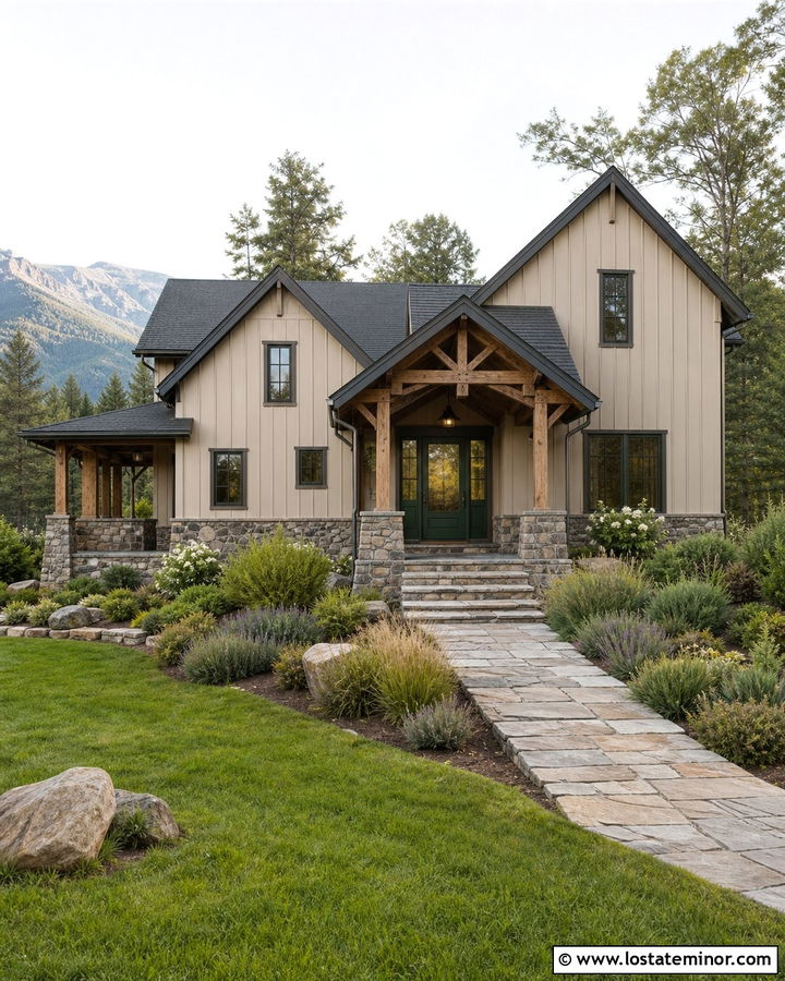 Beige House With Bronze Storm Door And Stone Porch - 30 Beige House Design With Storm Door Ideas