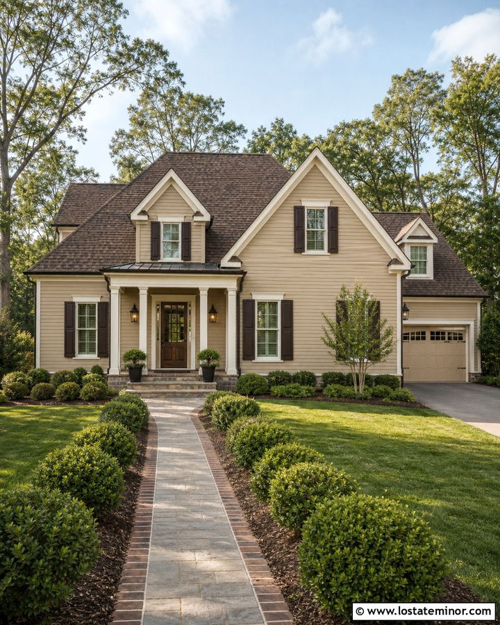 Beige House With Brown Roof And Bronze Lanterns - 30 Beige House Design With Light Fixtures Ideas
