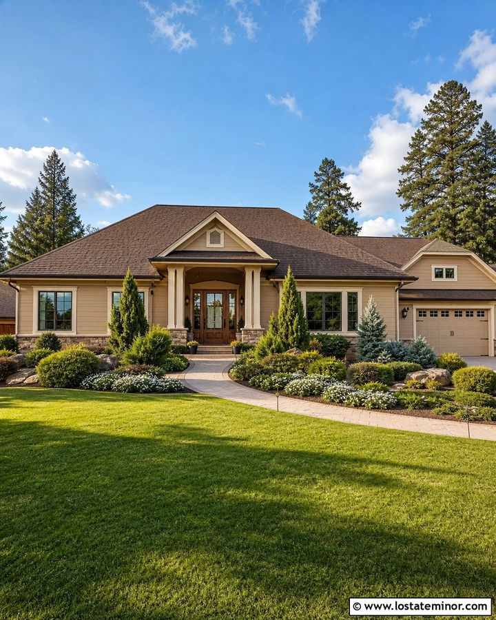 Beige House With Brown Roof And Layered Greenery - 30 Beige House Design With Landscaping Ideas