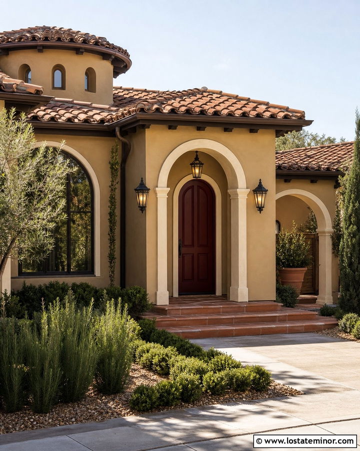 Beige House With Burgundy Front Door - 30 Beige House Design With Entry Door Ideas