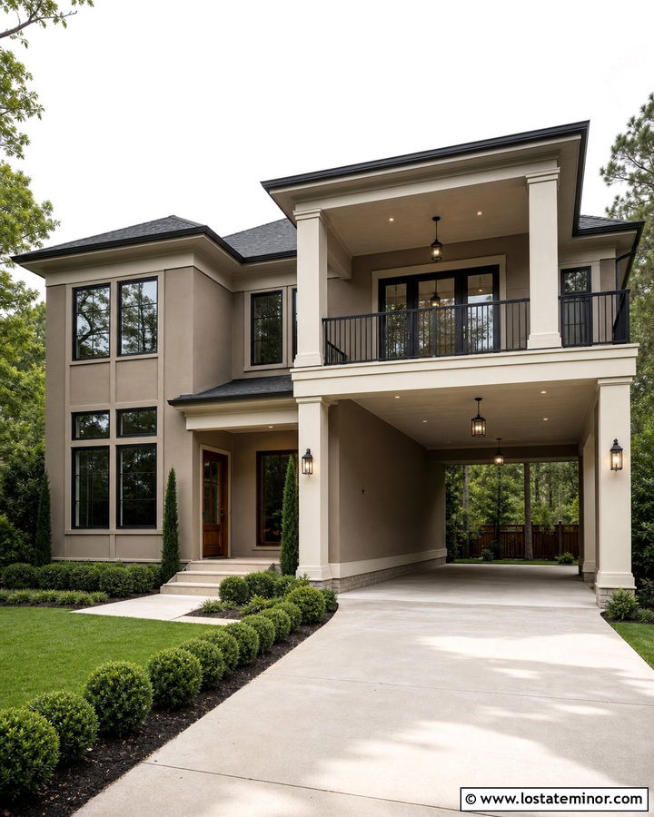 Beige House With Carport Balcony - 30 Beige House Design With Carport Ideas