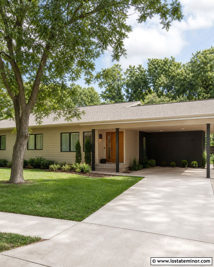 Beige House With Carport Storage Wall - 30 Beige House Design With Carport Ideas