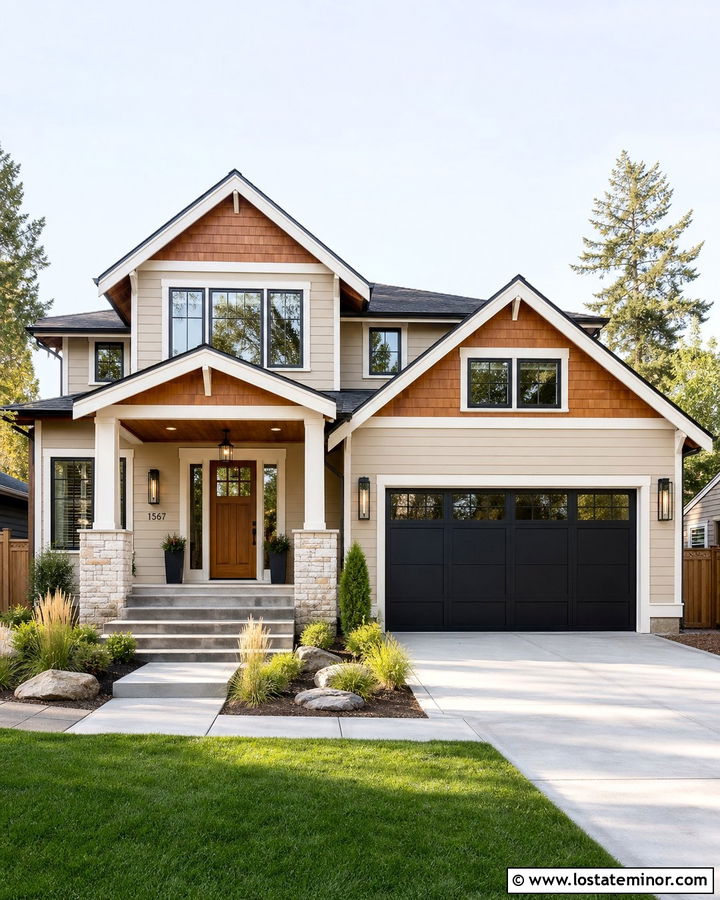 Beige House With Cedar Accents And Black Sconces - 30 Beige House Design With Light Fixtures Ideas