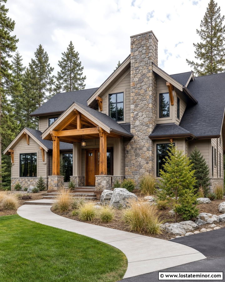Beige House With Cedar Accents And Stone Chimney - 30 Beige House Design With Chimney Ideas